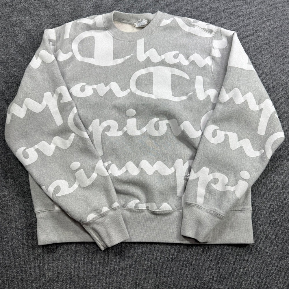 Champion Reverse Weave Sweatshirt Mens XL Gray All Over Print Script Logo